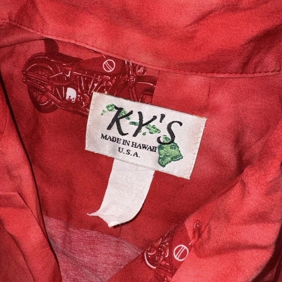 Ky's Red Harley Motorcycle & Palm Trees Hawaiian Button Down Large USA Hawaii - Picture 4 of 9